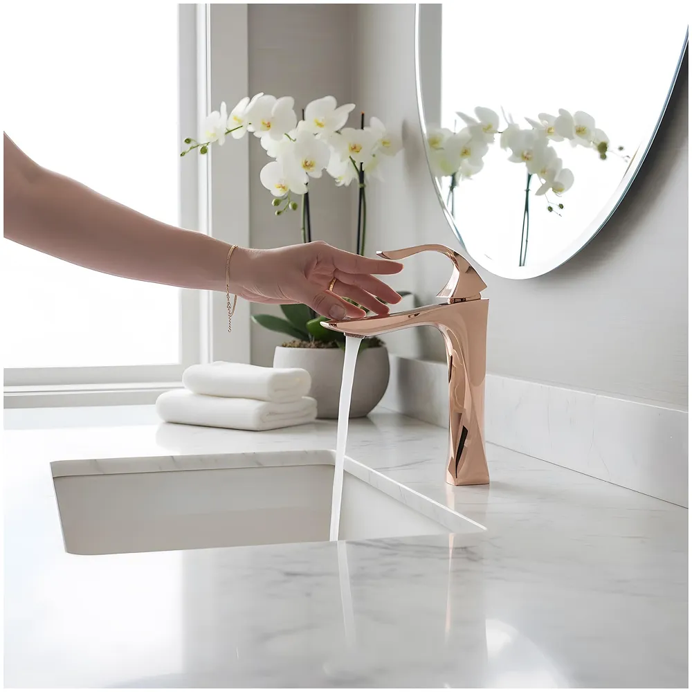 Twist Rose Gold Faucet Tap Mixer Hot and Cold Water Heavy Single Lever Basin Mixer 12 inches with Connector Pipes and Ceramic Cartridge for Bathroom Wash Basins - 34 cm x 17 cm Rosegold