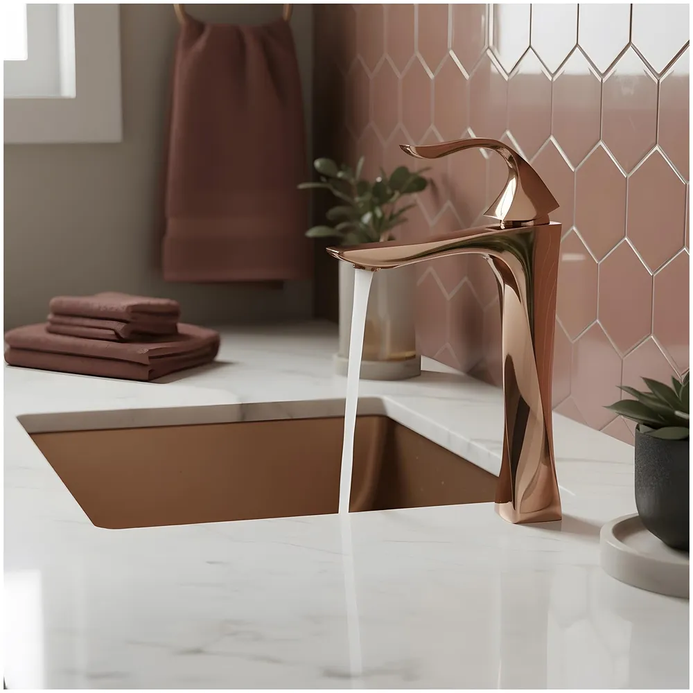 Twist Rose Gold Faucet Tap Mixer Hot and Cold Water Heavy Single Lever Basin Mixer 12 inches with Connector Pipes and Ceramic Cartridge for Bathroom Wash Basins - 34 cm x 17 cm Rosegold