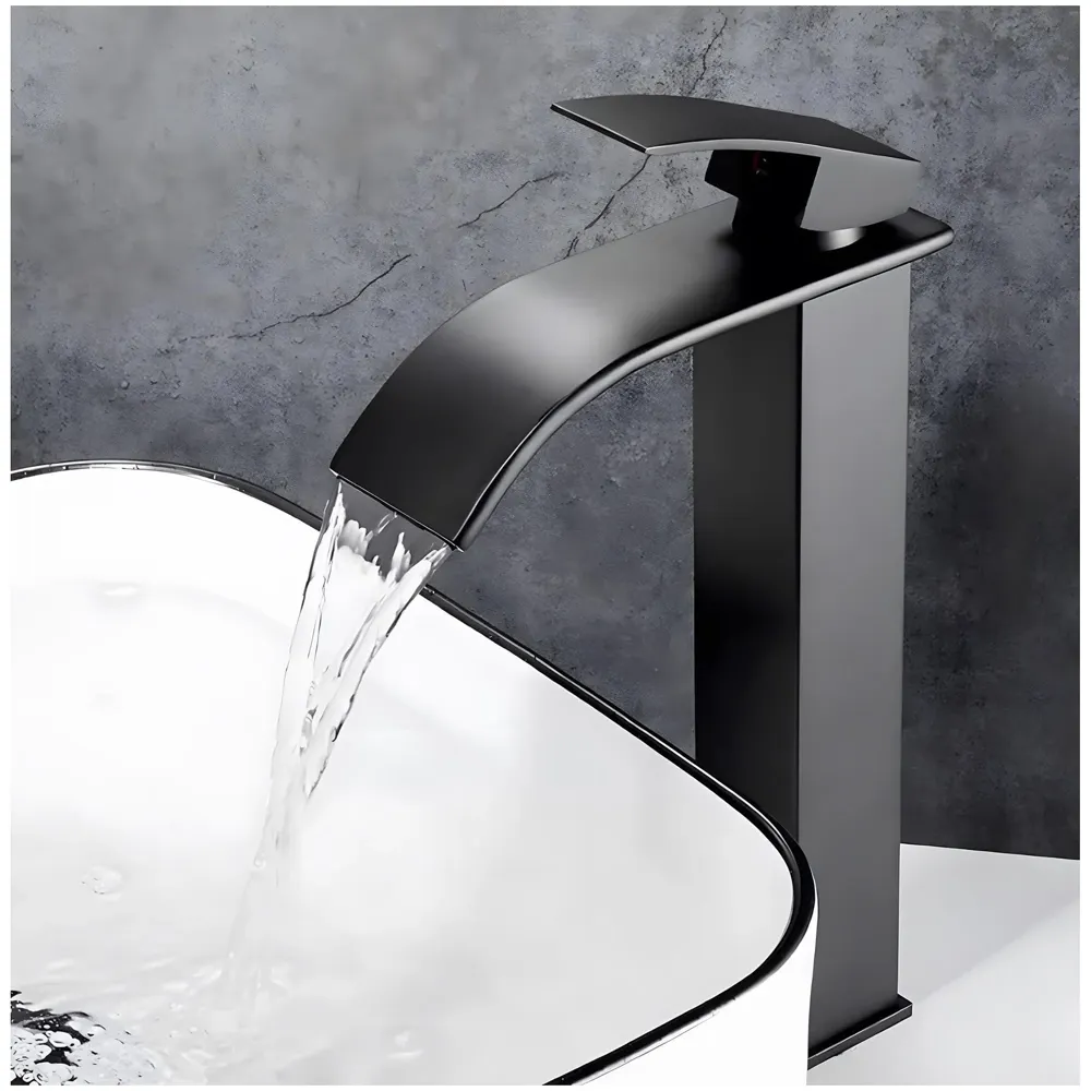 Stainless Steel Waterfall Black Basin Tap Faucet Mixer for Bathroom Toilet Wash Basins Hot and Cold Water, SS Material, Matt Black Colour 12 Inches Height