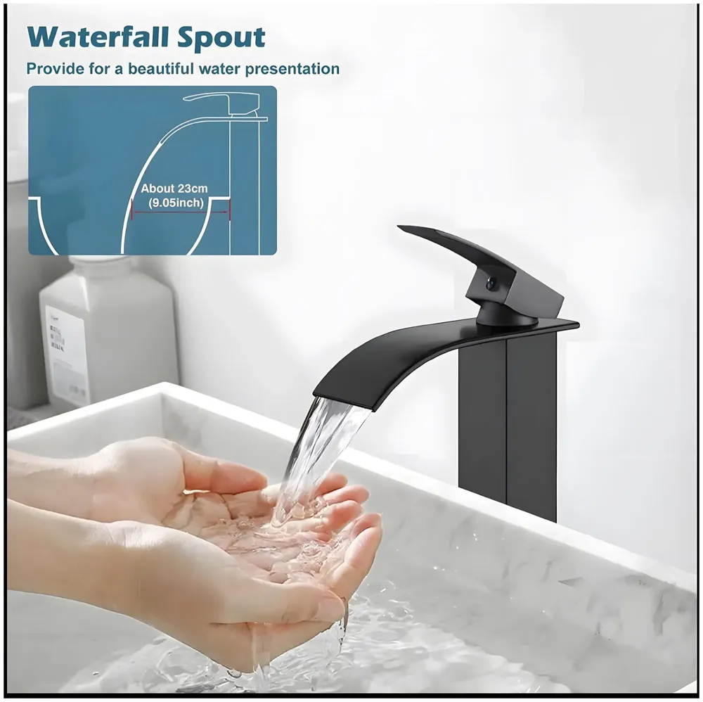 Stainless Steel Waterfall Black Basin Tap Faucet Mixer for Bathroom Toilet Wash Basins Hot and Cold Water, SS Material, Matt Black Colour 12 Inches Height