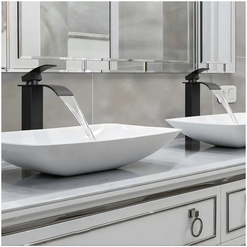 Stainless Steel Waterfall Black Basin Tap Faucet Mixer for Bathroom Toilet Wash Basins Hot and Cold Water, SS Material, Matt Black Colour 12 Inches Height