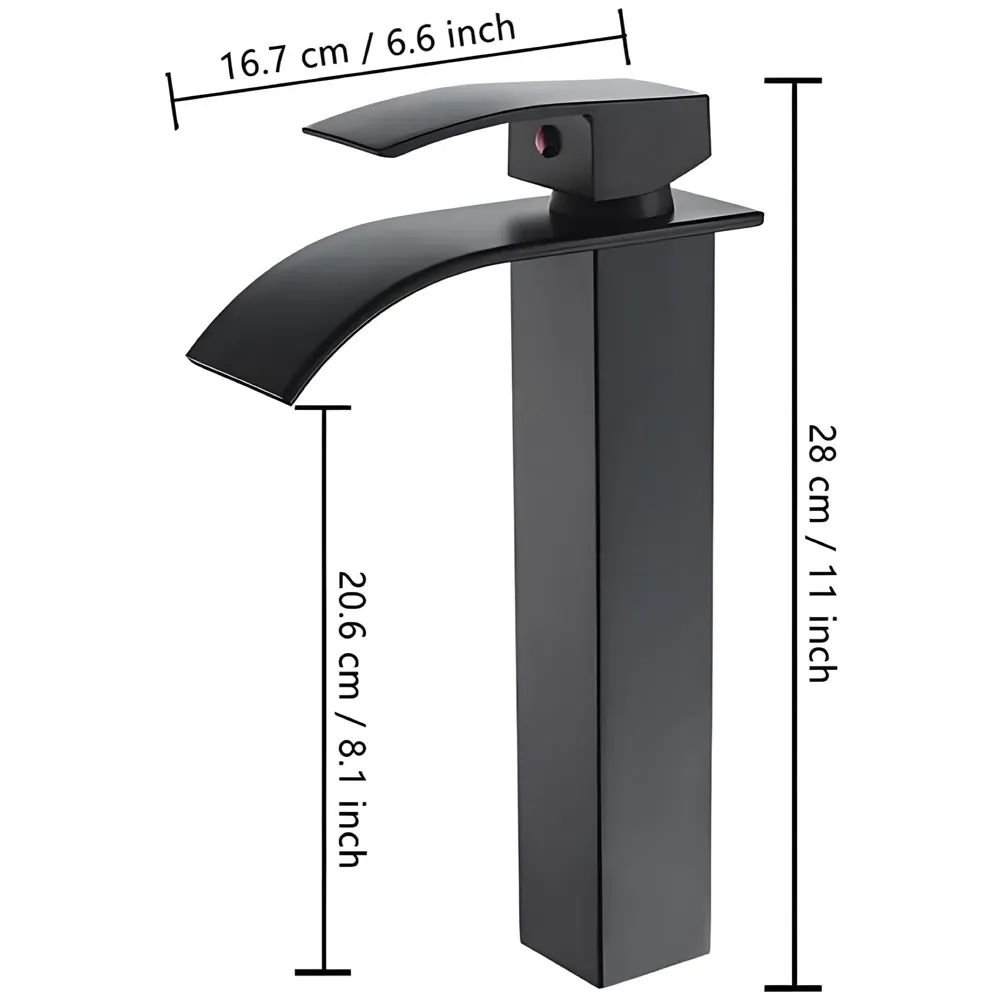 Stainless Steel Waterfall Black Basin Tap Faucet Mixer for Bathroom Toilet Wash Basins Hot and Cold Water, SS Material, Matt Black Colour 12 Inches Height