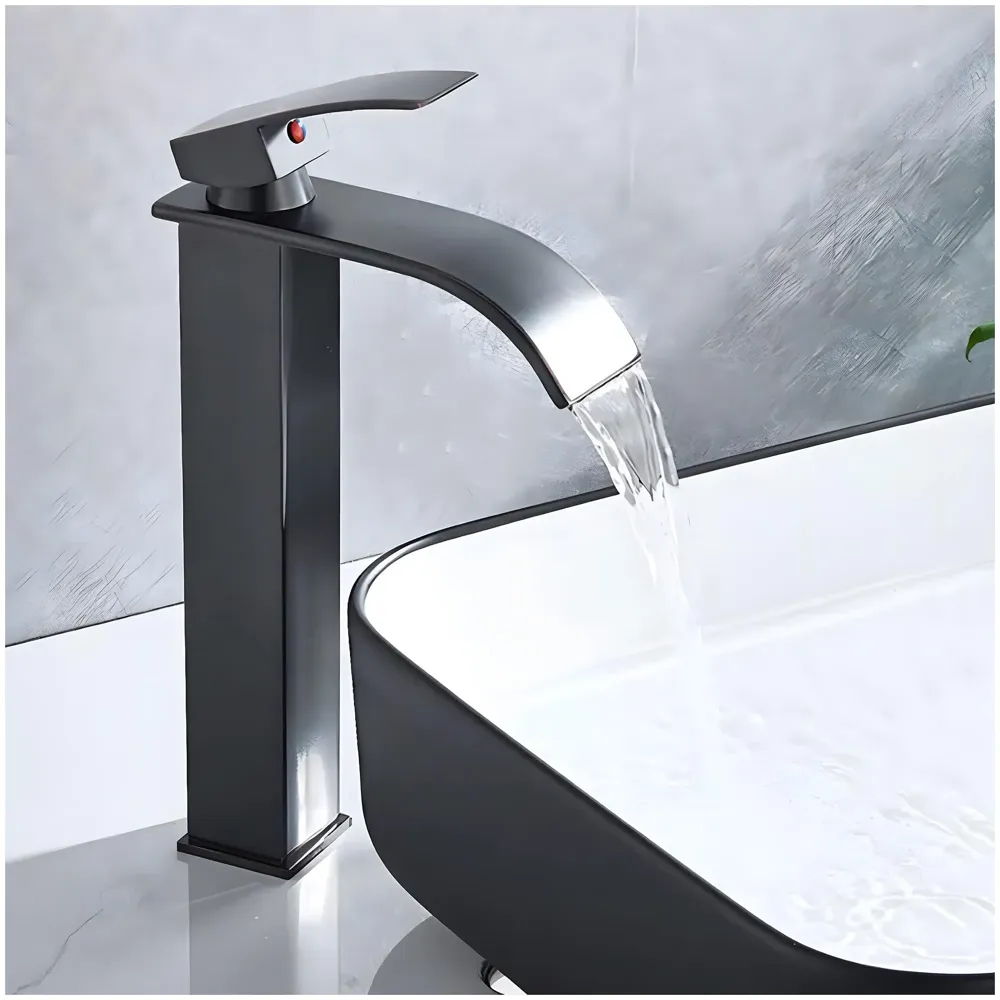 Stainless Steel Waterfall Black Basin Tap Faucet Mixer for Bathroom Toilet Wash Basins Hot and Cold Water, SS Material, Matt Black Colour 12 Inches Height