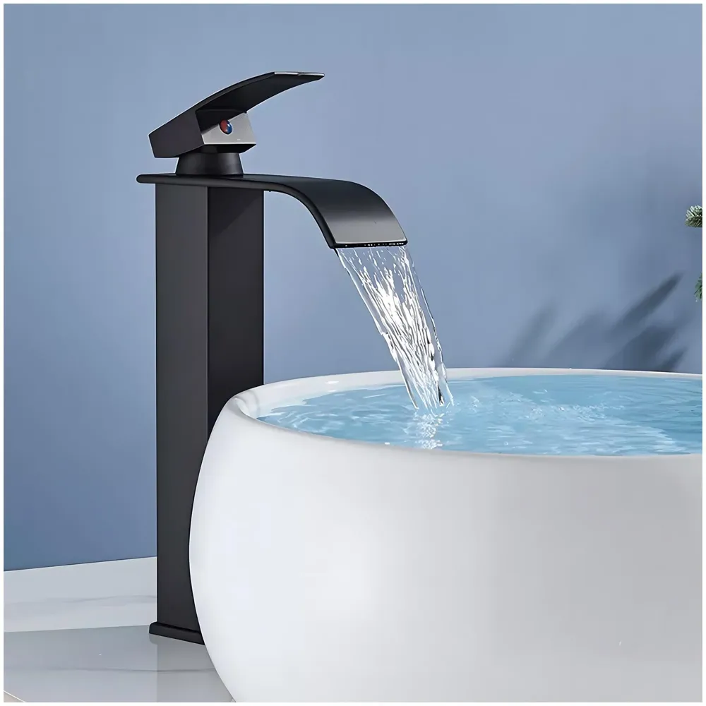 Stainless Steel Waterfall Black Basin Tap Faucet Mixer for Bathroom Toilet Wash Basins Hot and Cold Water, SS Material, Matt Black Colour 12 Inches Height