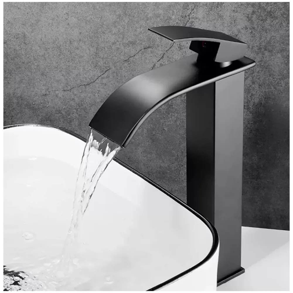 Stainless Steel Waterfall Black Basin Tap Faucet Mixer for Bathroom Toilet Wash Basins Hot and Cold Water, SS Material, Matt Black Colour 12 Inches Height
