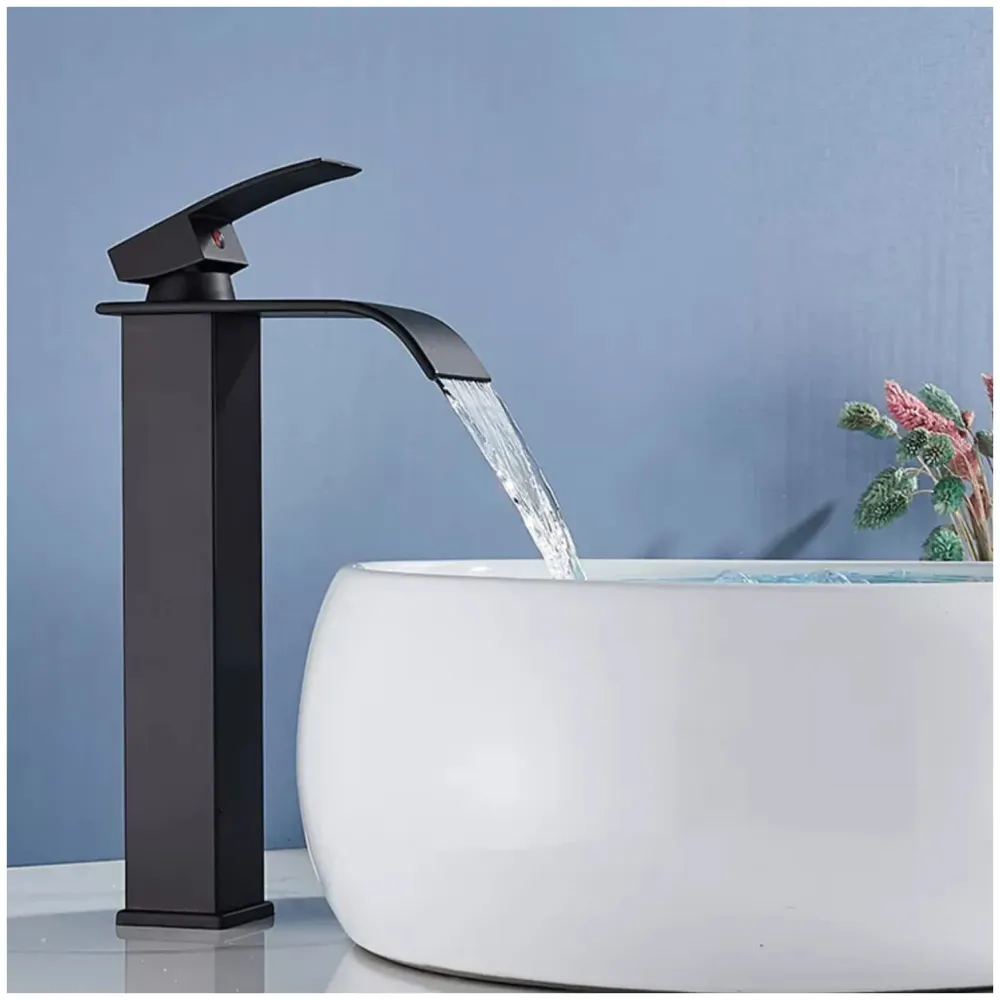 Stainless Steel Waterfall Black Basin Tap Faucet Mixer for Bathroom Toilet Wash Basins Hot and Cold Water, SS Material, Matt Black Colour 12 Inches Height