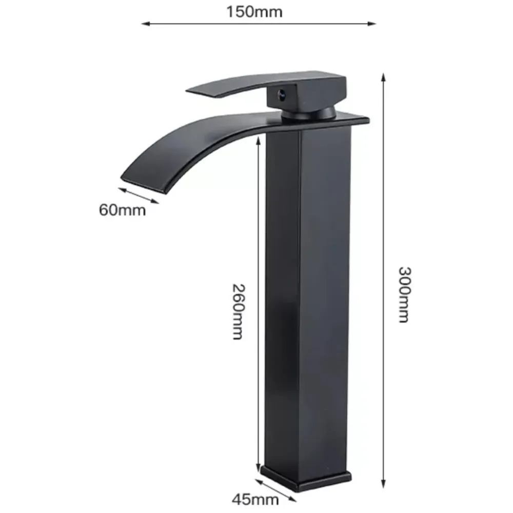 Stainless Steel Waterfall Black Basin Tap Faucet Mixer for Bathroom Toilet Wash Basins Hot and Cold Water, SS Material, Matt Black Colour 12 Inches Height