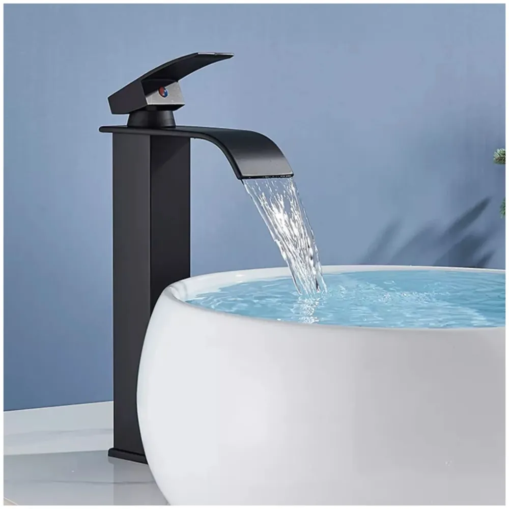 Stainless Steel Waterfall Black Basin Tap Faucet Mixer for Bathroom Toilet Wash Basins Hot and Cold Water, SS Material, Matt Black Colour 12 Inches Height