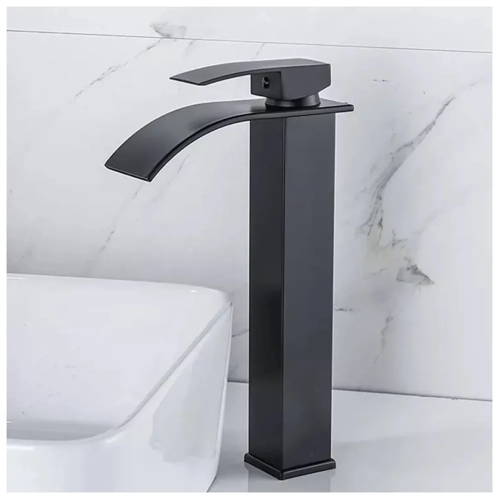 Stainless Steel Waterfall Black Basin Tap Faucet Mixer for Bathroom Toilet Wash Basins Hot and Cold Water, SS Material, Matt Black Colour 12 Inches Height