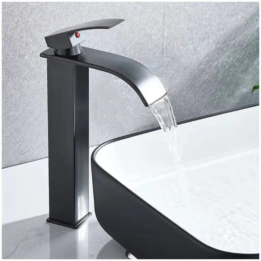 Stainless Steel Waterfall Black Basin Tap Faucet Mixer for Bathroom Toilet Wash Basins Hot and Cold Water, SS Material, Matt Black Colour 12 Inches Height