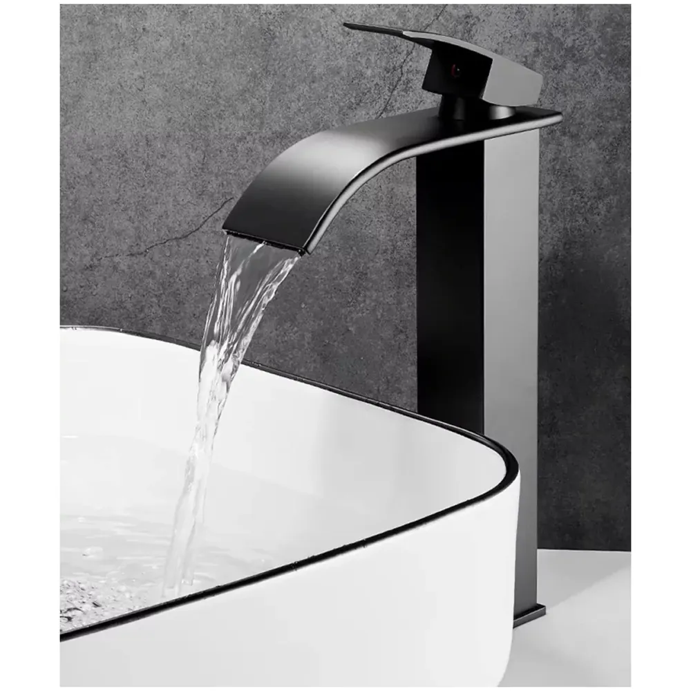 Stainless Steel Waterfall Black Basin Tap Faucet Mixer for Bathroom Toilet Wash Basins Hot and Cold Water, SS Material, Matt Black Colour 12 Inches Height