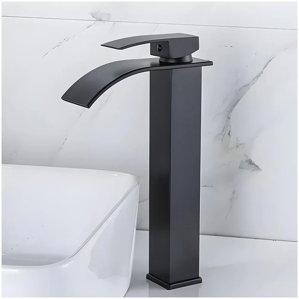 Stainless Steel Waterfall Black Basin Tap Faucet Mixer for Bathroom Toilet Wash Basins Hot and Cold Water, SS Material, Matt Black Colour 12 Inches Height