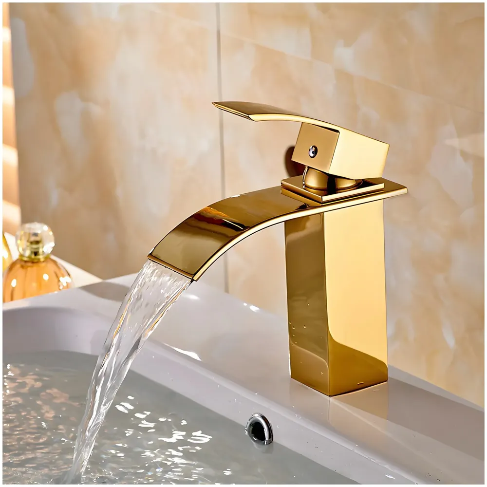 Gold Waterfall Basin Mixer Hot and Cold Water Golden Colour Faucet Tap Basin Mounted for Bathroom Toilets Washbasins, 7 Inch Tall.