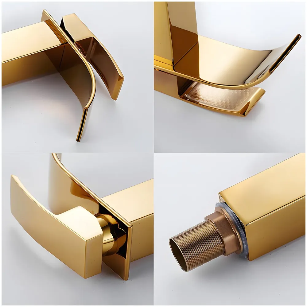 Gold Waterfall Basin Mixer Hot and Cold Water Golden Colour Faucet Tap Basin Mounted for Bathroom Toilets Washbasins, 7 Inch Tall. - 2