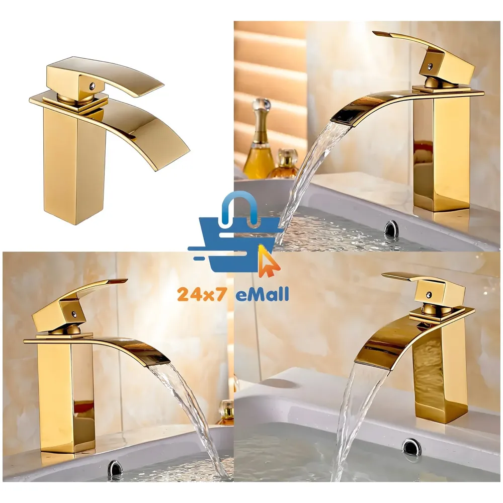 Gold Waterfall Basin Mixer Hot and Cold Water Golden Colour Faucet Tap Basin Mounted for Bathroom Toilets Washbasins, 7 Inch Tall. - 3