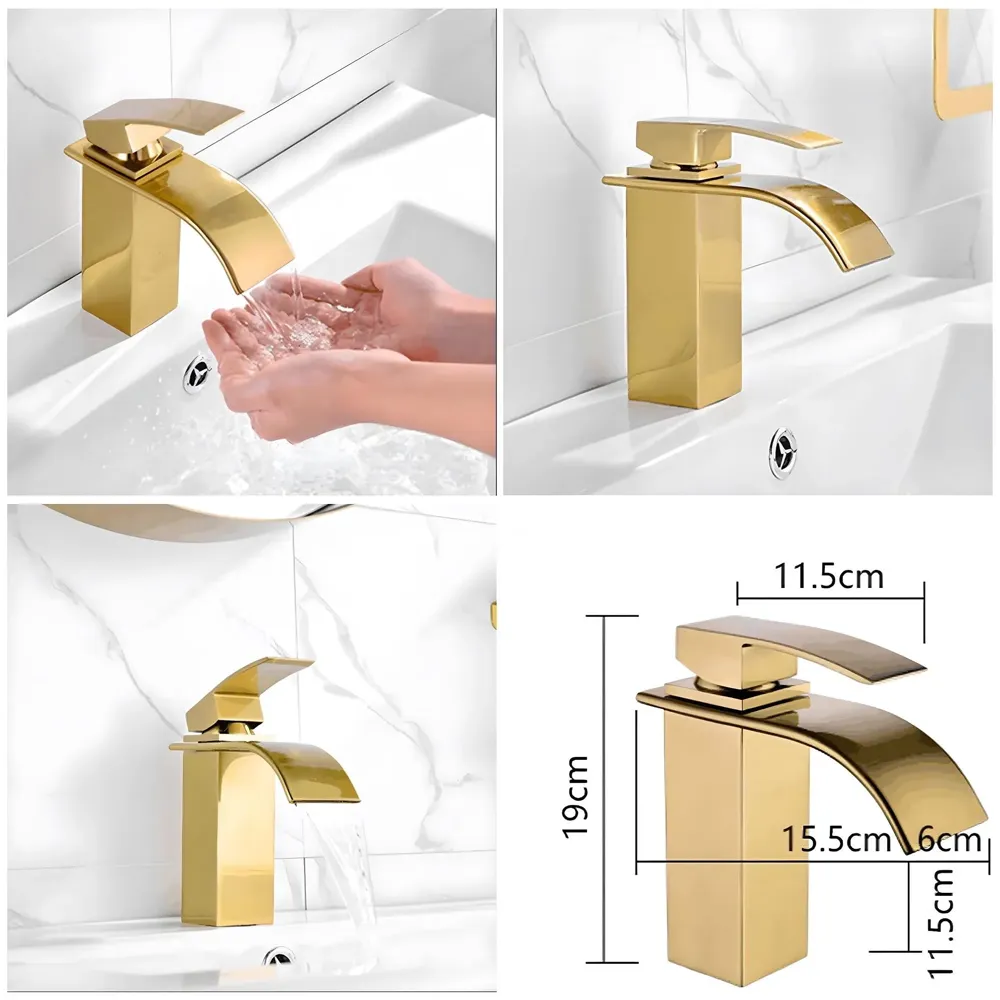 Gold Waterfall Basin Mixer Hot and Cold Water Golden Colour Faucet Tap Basin Mounted for Bathroom Toilets Washbasins, 7 Inch Tall. - 4