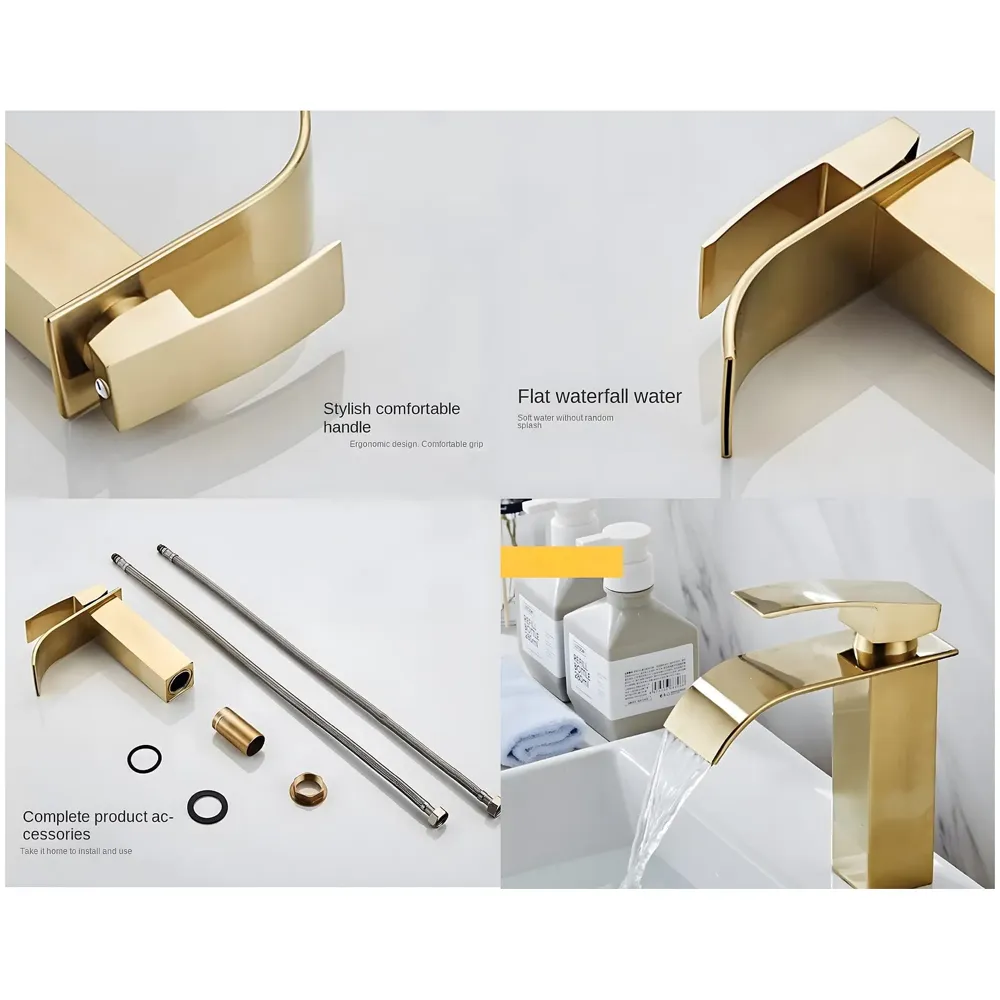 Gold Waterfall Basin Mixer Hot and Cold Water Golden Colour Faucet Tap Basin Mounted for Bathroom Toilets Washbasins, 7 Inch Tall. - 5