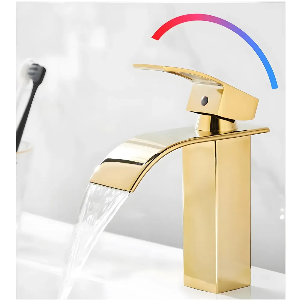 Gold Waterfall Basin Mixer Hot and Cold Water Golden Colour Faucet Tap Basin Mounted for Bathroom Toilets Washbasins, 7 Inch Tall. - 6