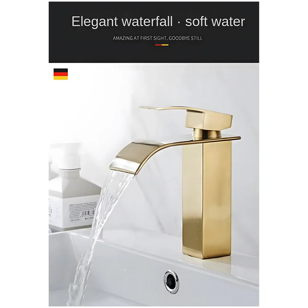 Gold Waterfall Basin Mixer Hot and Cold Water Golden Colour Faucet Tap Basin Mounted for Bathroom Toilets Washbasins, 7 Inch Tall. - 9