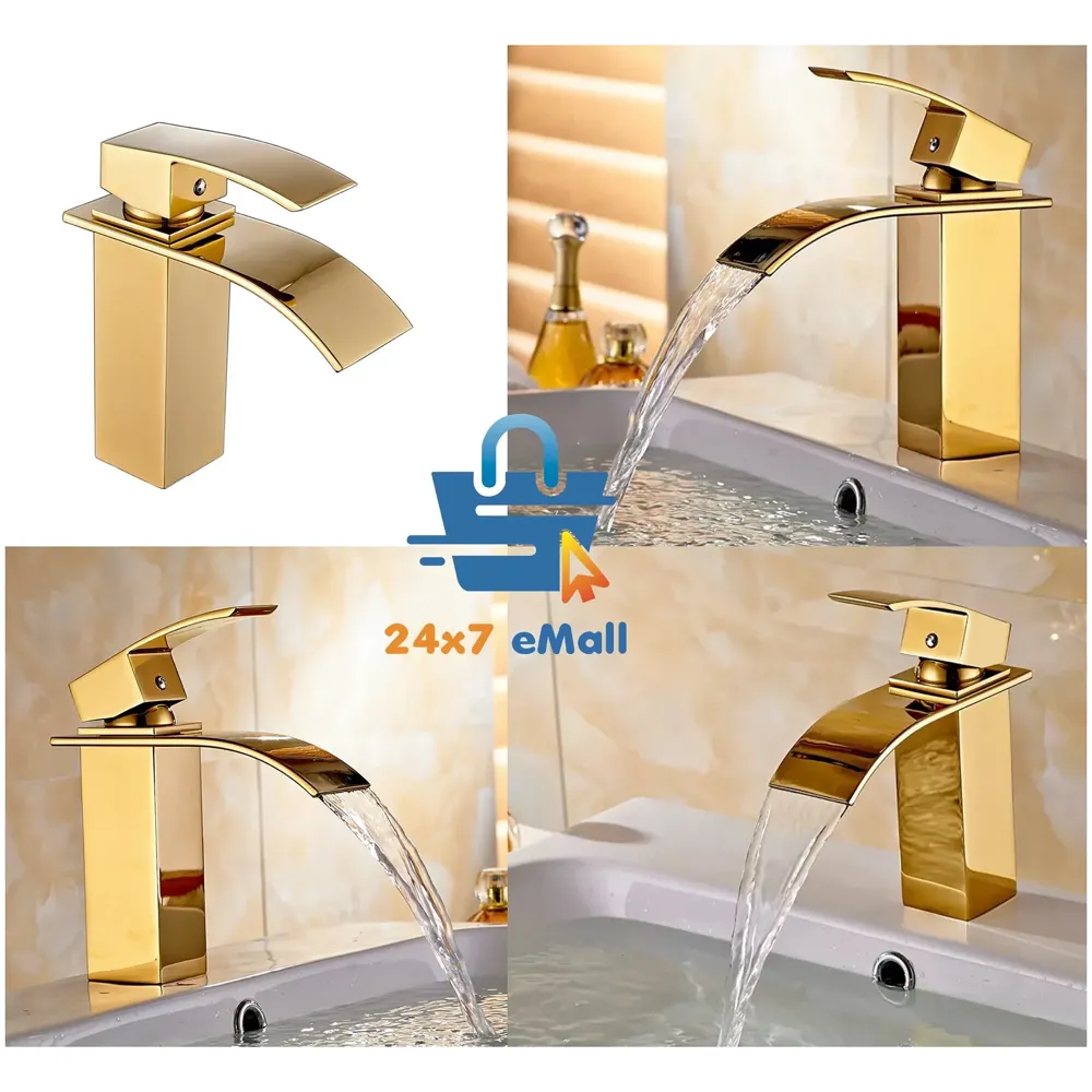 Gold Waterfall Basin Mixer Hot and Cold Water Golden Colour Faucet Tap Basin Mounted for Bathroom Toilets Washbasins, 7 Inch Tall. - Gold Waterfall Valencia Short, Standard, Stainless…
