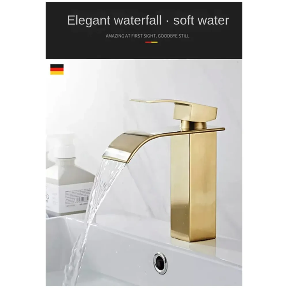 Gold Waterfall Basin Mixer Hot and Cold Water Golden Colour Faucet Tap Basin Mounted for Bathroom Toilets Washbasins, 7 Inch Tall. - Gold Waterfall Valencia Short, Standard, Stainless…