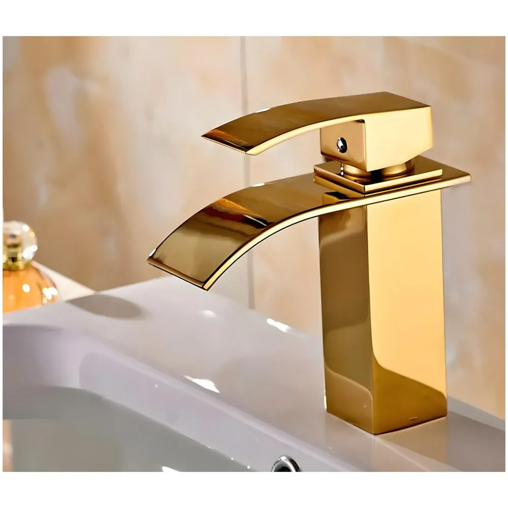 Gold Waterfall Basin Mixer Hot and Cold Water Golden Colour Faucet Tap Basin Mounted for Bathroom Toilets Washbasins, 7 Inch Tall. - Gold Waterfall Valencia Short, Standard, Stainless…