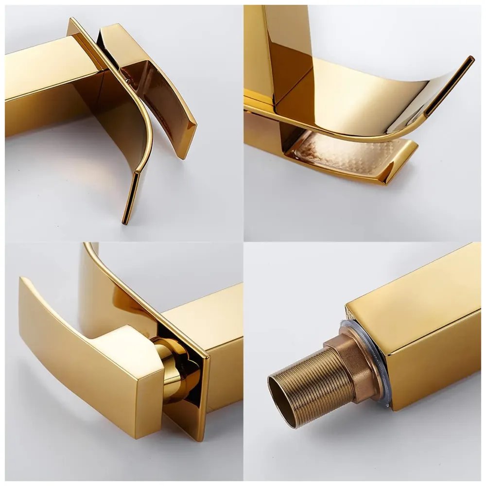 Gold Waterfall Basin Mixer Hot and Cold Water Golden Colour Faucet Tap Basin Mounted for Bathroom Toilets Washbasins, 7 Inch Tall.