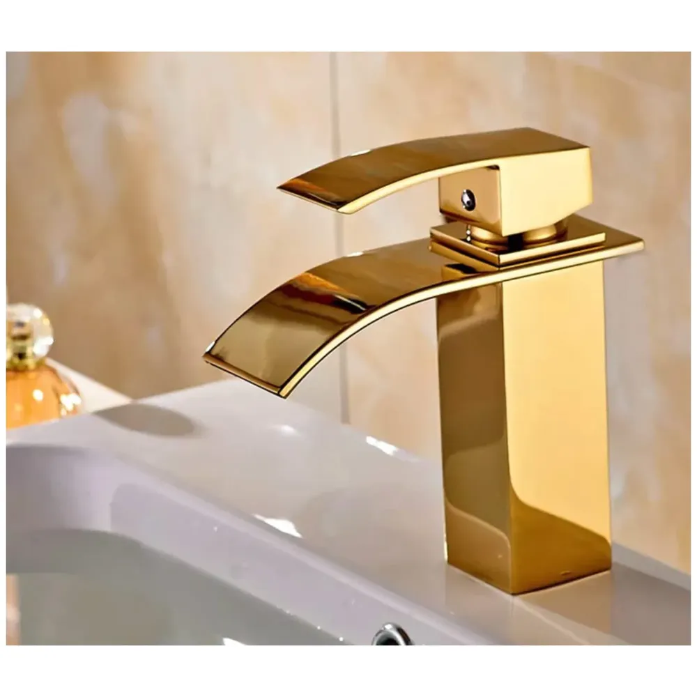 Gold Waterfall Basin Mixer Hot and Cold Water Golden Colour Faucet Tap Basin Mounted for Bathroom Toilets Washbasins, 7 Inch Tall.