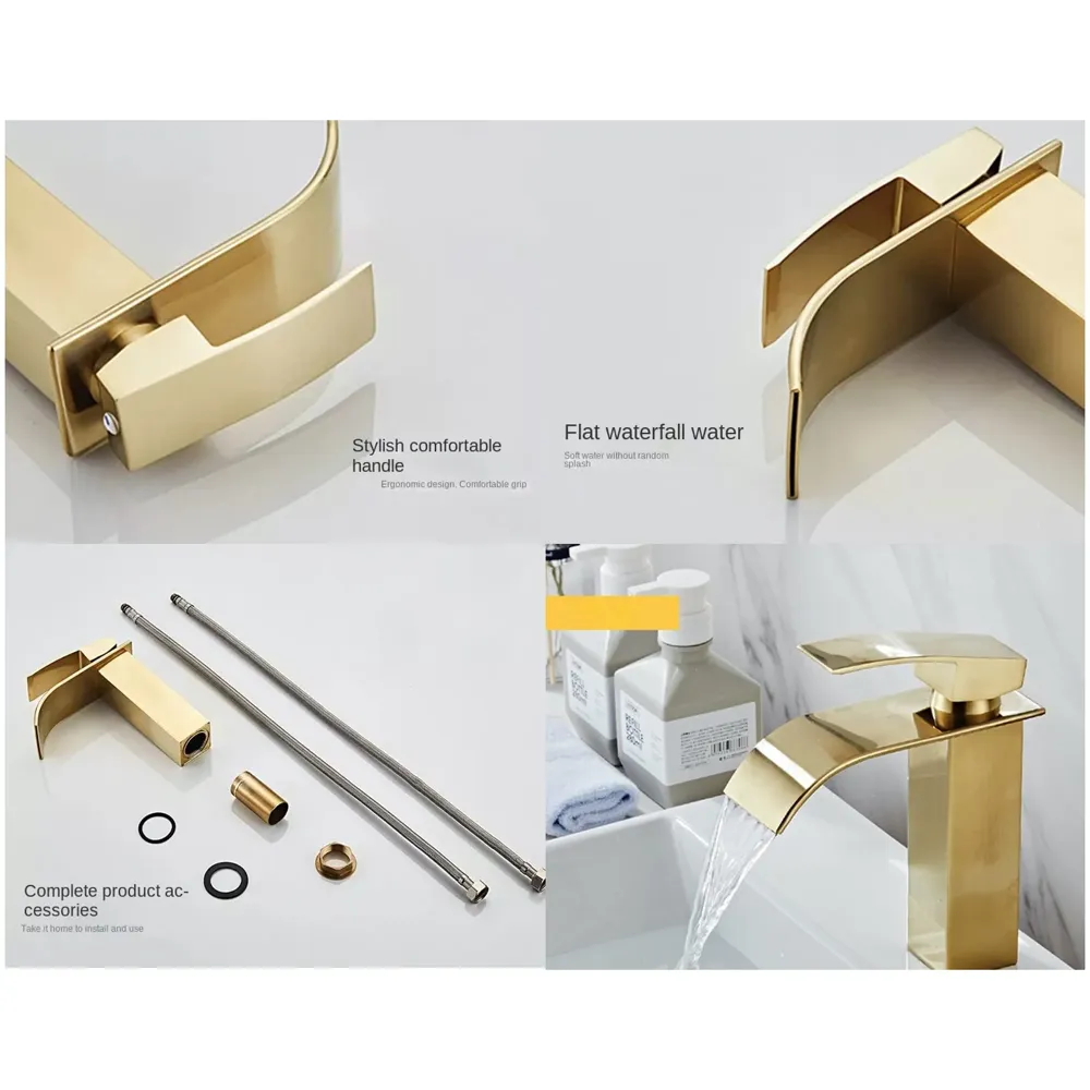 Gold Waterfall Basin Mixer Hot and Cold Water Golden Colour Faucet Tap Basin Mounted for Bathroom Toilets Washbasins, 7 Inch Tall.