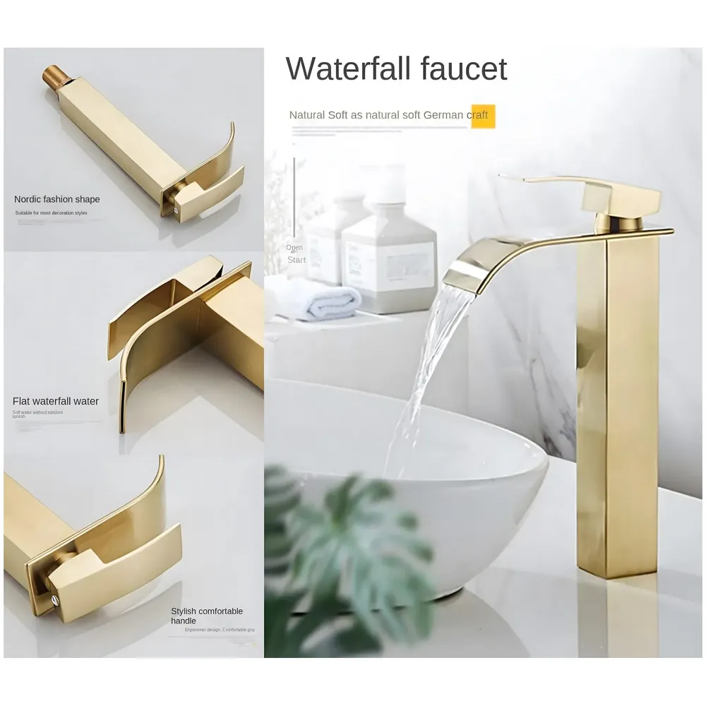 Gold Waterfall Basin Tap Faucet MixerFor Bathroom Toilet Wash Basins Hot and Cold Water Golden Colour 12 Inch Height