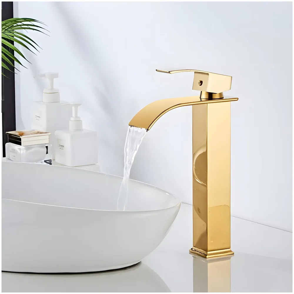 Gold Waterfall Basin Tap Faucet MixerFor Bathroom Toilet Wash Basins Hot and Cold Water Golden Colour 12 Inch Height