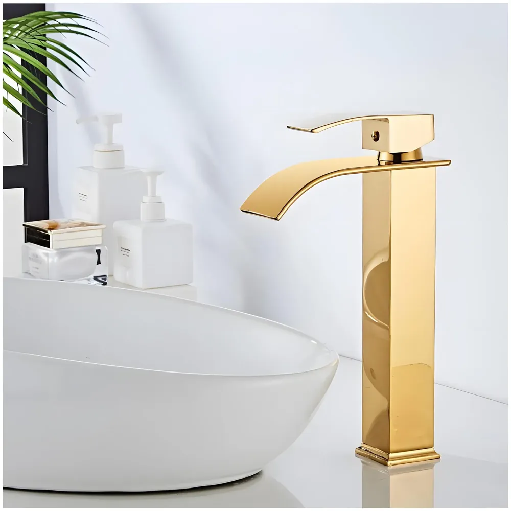 Gold Waterfall Basin Tap Faucet MixerFor Bathroom Toilet Wash Basins Hot and Cold Water Golden Colour 12 Inch Height