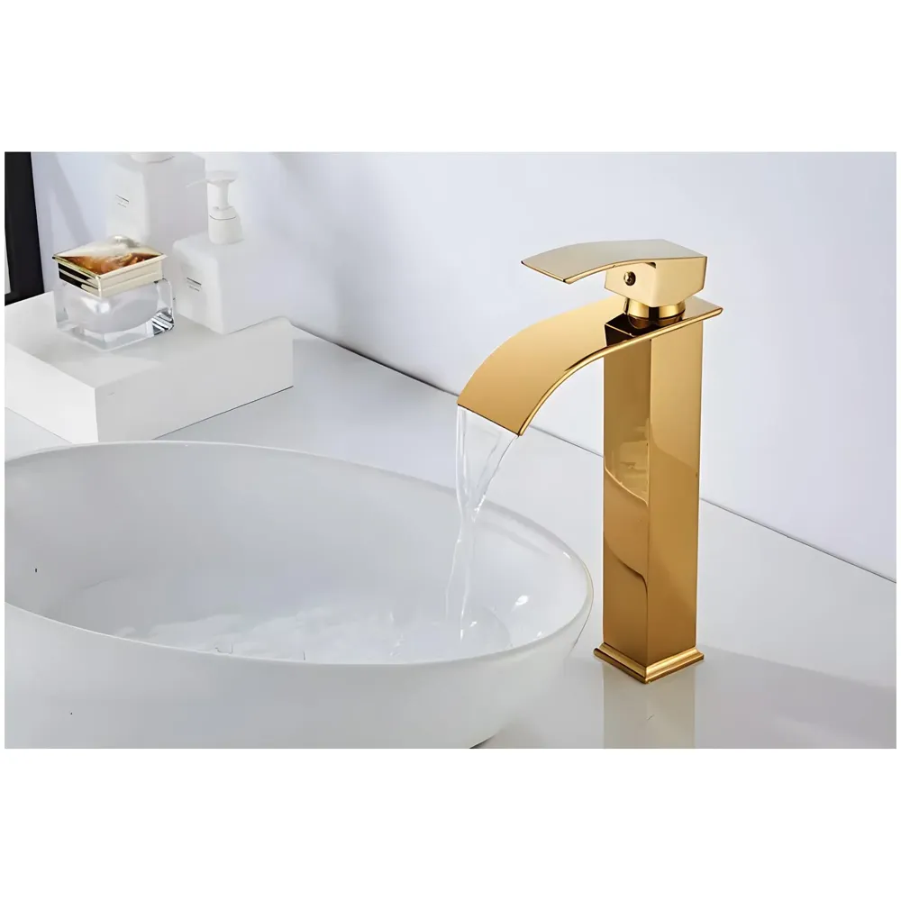 Gold Waterfall Basin Tap Faucet MixerFor Bathroom Toilet Wash Basins Hot and Cold Water Golden Colour 12 Inch Height