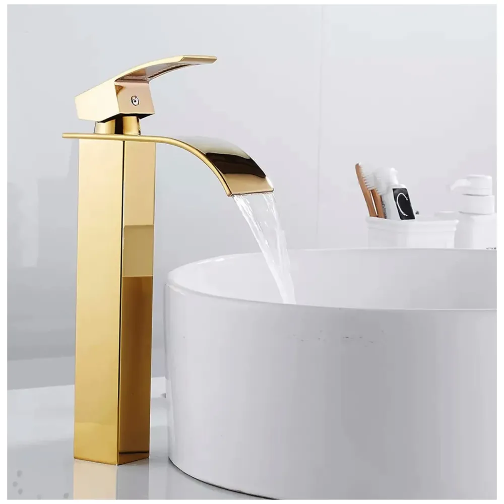 Gold Waterfall Basin Tap Faucet MixerFor Bathroom Toilet Wash Basins Hot and Cold Water Golden Colour 12 Inch Height