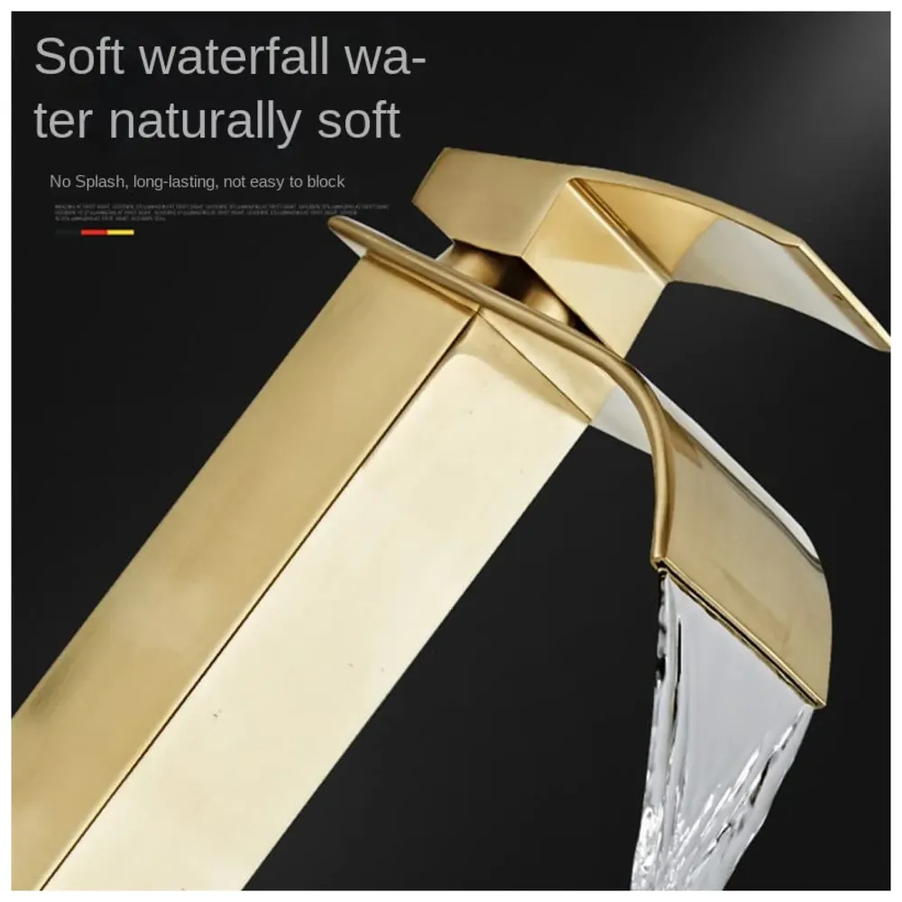 Gold Waterfall Basin Tap Faucet MixerFor Bathroom Toilet Wash Basins Hot and Cold Water Golden Colour 12 Inch Height