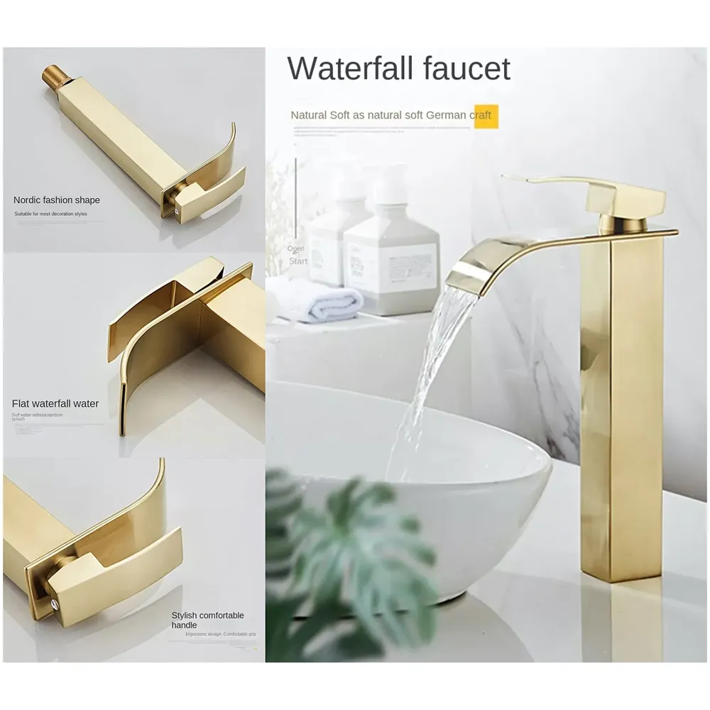 Gold Waterfall Basin Tap Faucet MixerFor Bathroom Toilet Wash Basins Hot and Cold Water Golden Colour 12 Inch Height