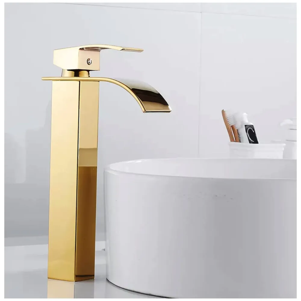 Gold Waterfall Basin Tap Faucet MixerFor Bathroom Toilet Wash Basins Hot and Cold Water Golden Colour 12 Inch Height