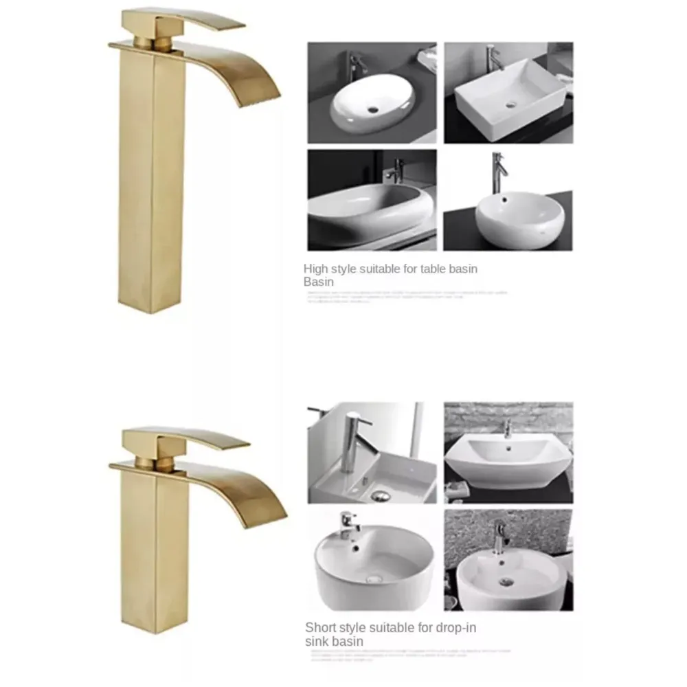 Gold Waterfall Basin Tap Faucet MixerFor Bathroom Toilet Wash Basins Hot and Cold Water Golden Colour 12 Inch Height