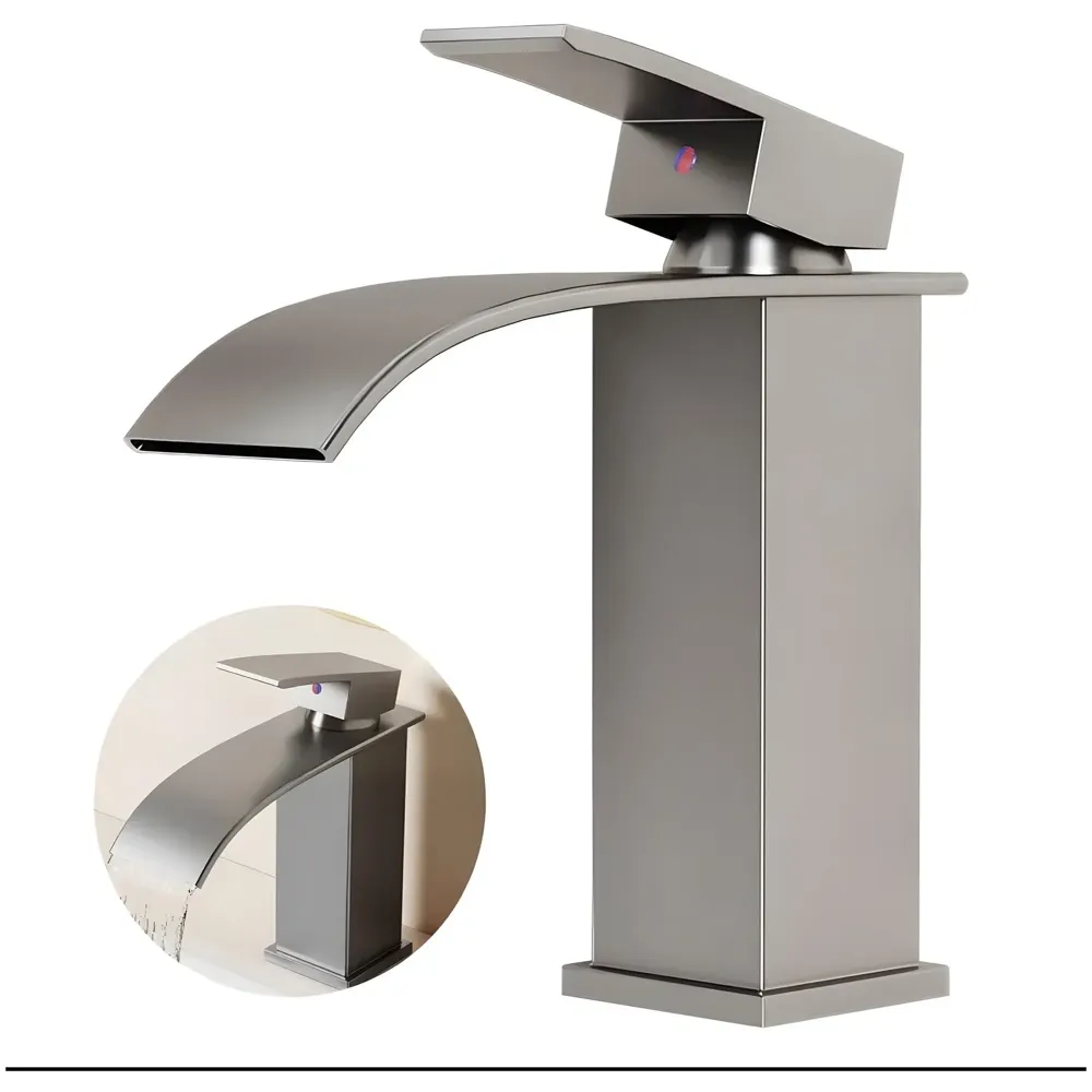 AQUAKART Dark Grey Small Waterfall Faucet Waterfall Single Lever Basin Mixer Waterfall Short Black, SS Material, for Bathroom Washbasins Toilets 7 Inches Height.