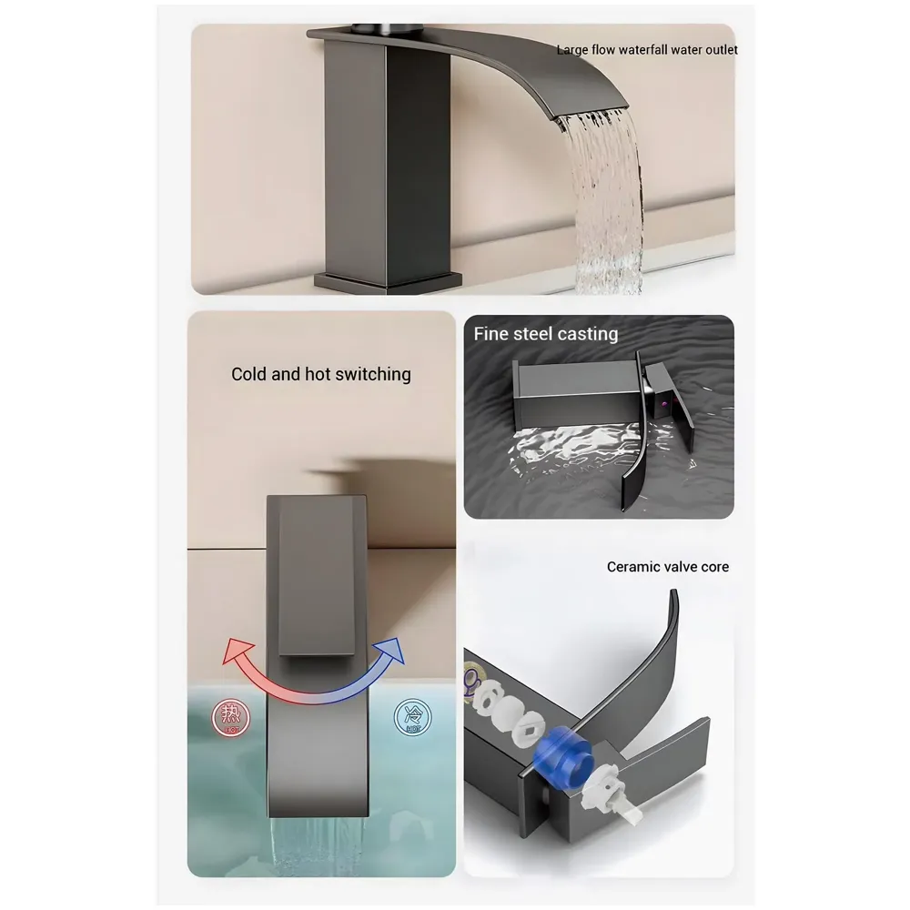 AQUAKART Dark Grey Small Waterfall Faucet Waterfall Single Lever Basin Mixer Waterfall Short Black, SS Material, for Bathroom Washbasins Toilets 7 Inches Height. - 5