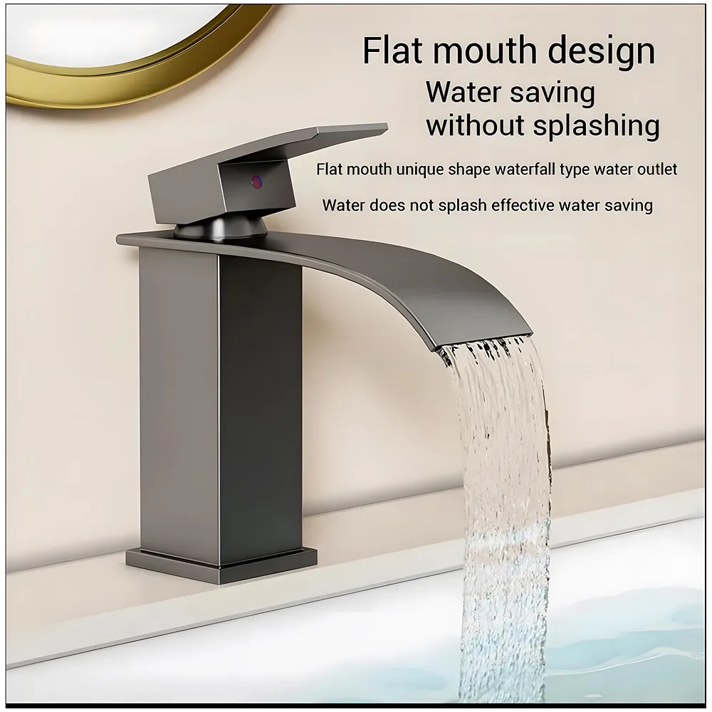 Dark Grey Small Waterfall Faucet Waterfall Single Lever Basin Mixer Waterfall Short Black, SS Material, for Bathroom Washbasins Toilets 7 Inches Height.