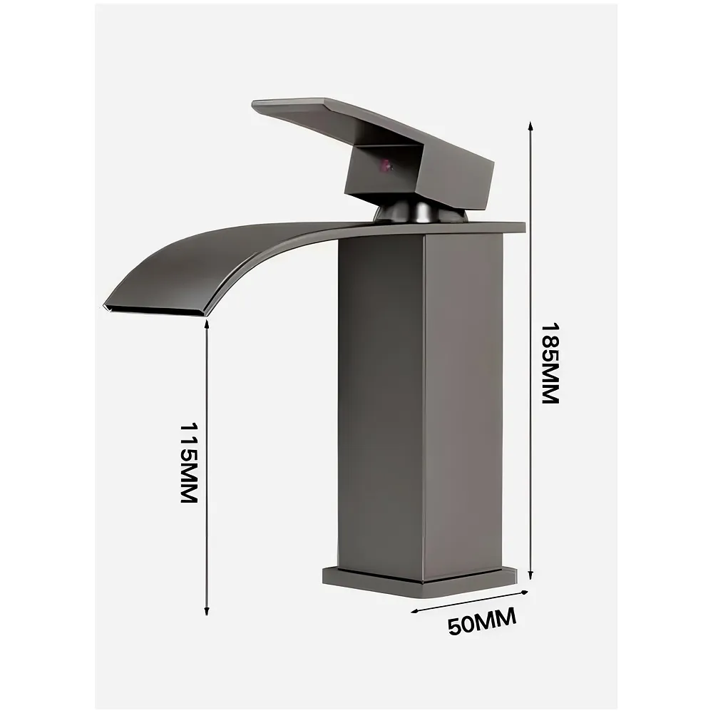 Dark Grey Small Waterfall Faucet Waterfall Single Lever Basin Mixer Waterfall Short Black, SS Material, for Bathroom Washbasins Toilets 7 Inches Height.
