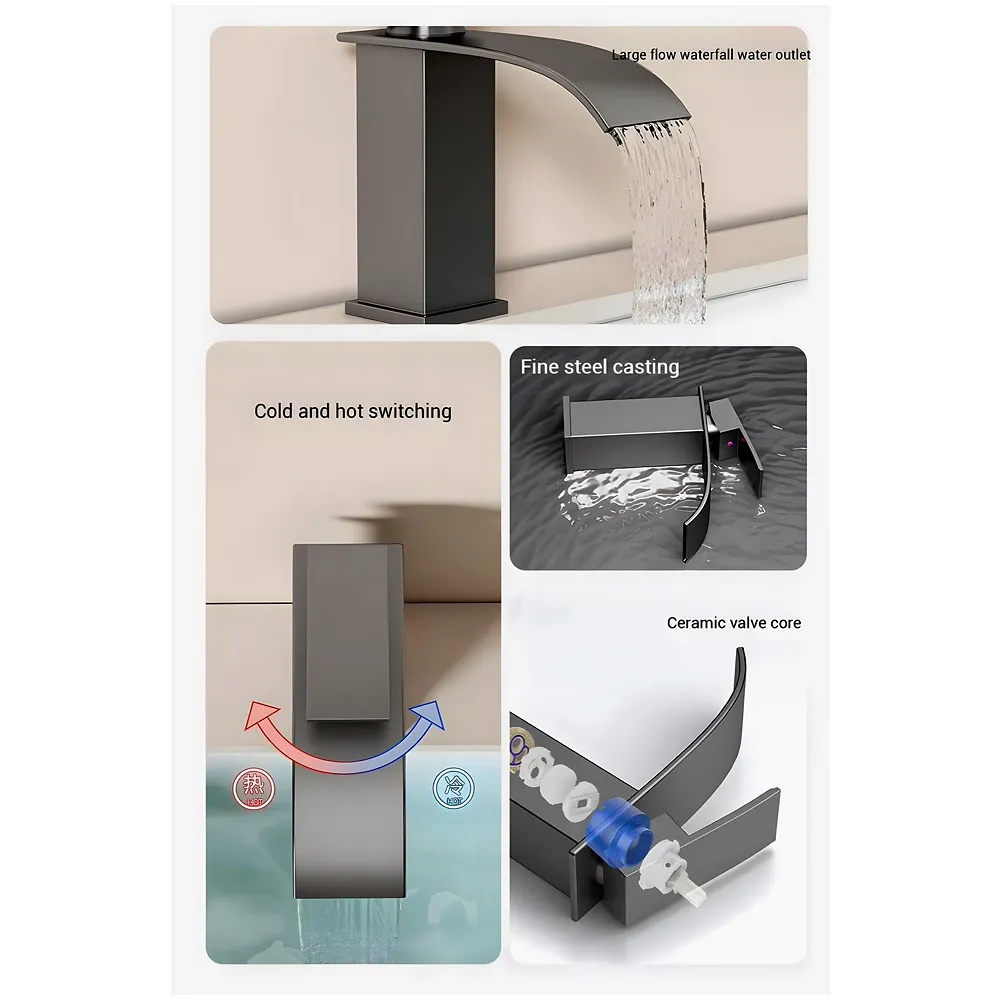 Dark Grey Small Waterfall Faucet Waterfall Single Lever Basin Mixer Waterfall Short Black, SS Material, for Bathroom Washbasins Toilets 7 Inches Height.