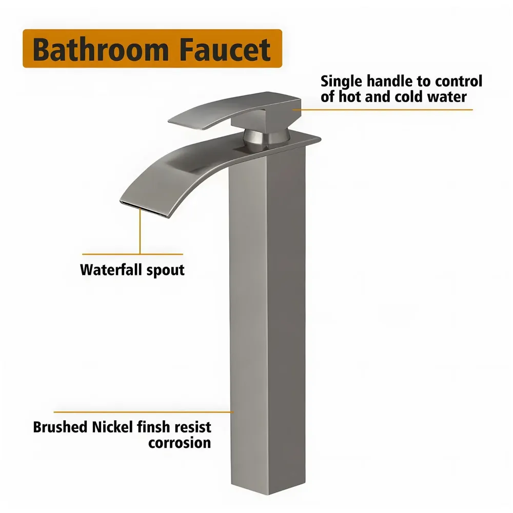 Dark Grey Tall Waterfall Faucet Waterfall Single Lever Basin Mixer Waterfall Tall Black, SS Material, for Bathroom Washbasins Toilets 12 Inches Height