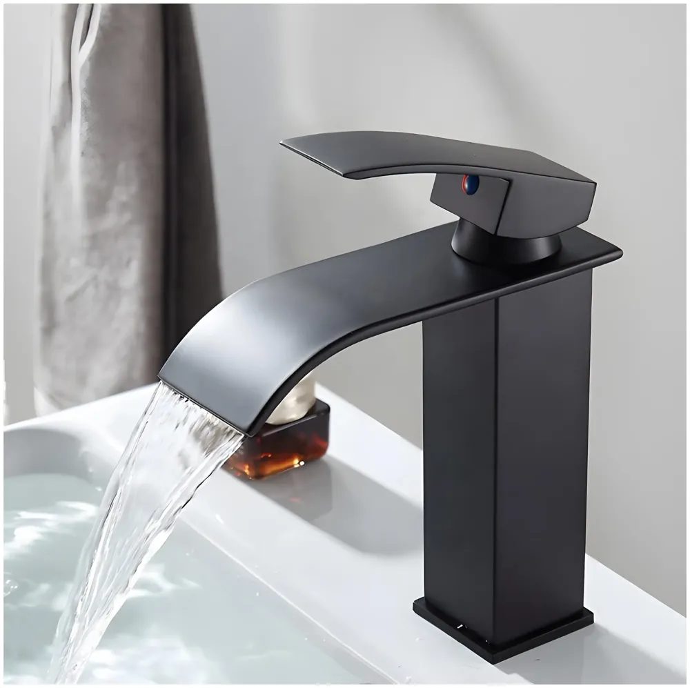 Waterfall Black Basin Tap Faucet Mixer for Bathroom Toilet Wash Basins Hot and Cold Water Small Matt Black, SS Material, 7 Inches Height