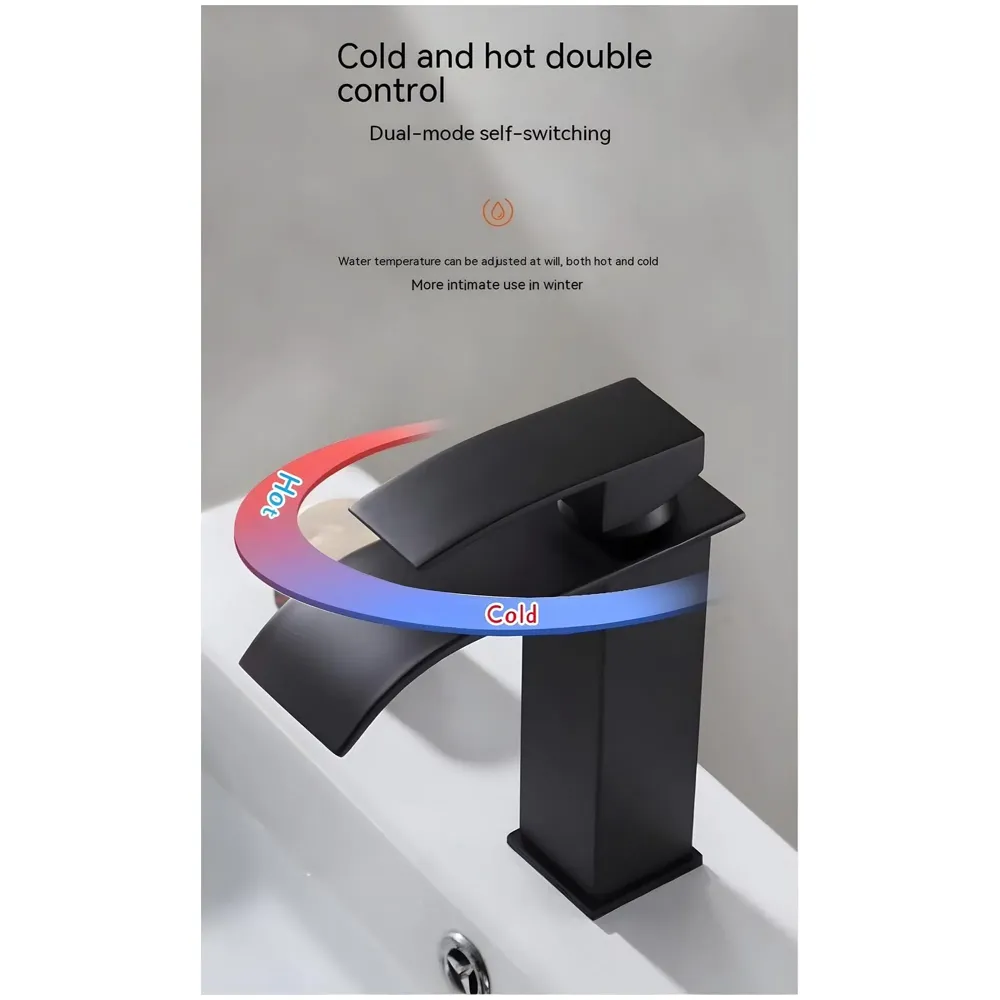 Waterfall Black Basin Tap Faucet Mixer for Bathroom Toilet Wash Basins Hot and Cold Water Small Matt Black, SS Material, 7 Inches Height - 3