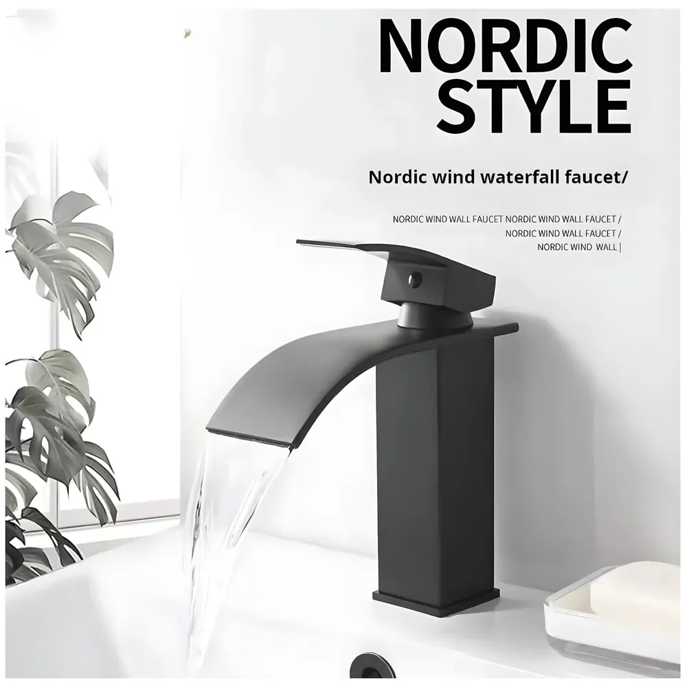 Waterfall Black Basin Tap Faucet Mixer for Bathroom Toilet Wash Basins Hot and Cold Water Small Matt Black, SS Material, 7 Inches Height - 5