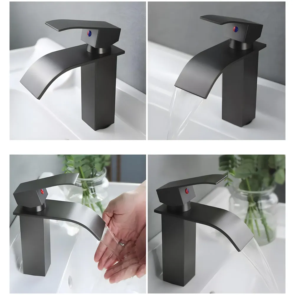 Waterfall Black Basin Tap Faucet Mixer for Bathroom Toilet Wash Basins Hot and Cold Water Small Matt Black, SS Material, 7 Inches Height - 7