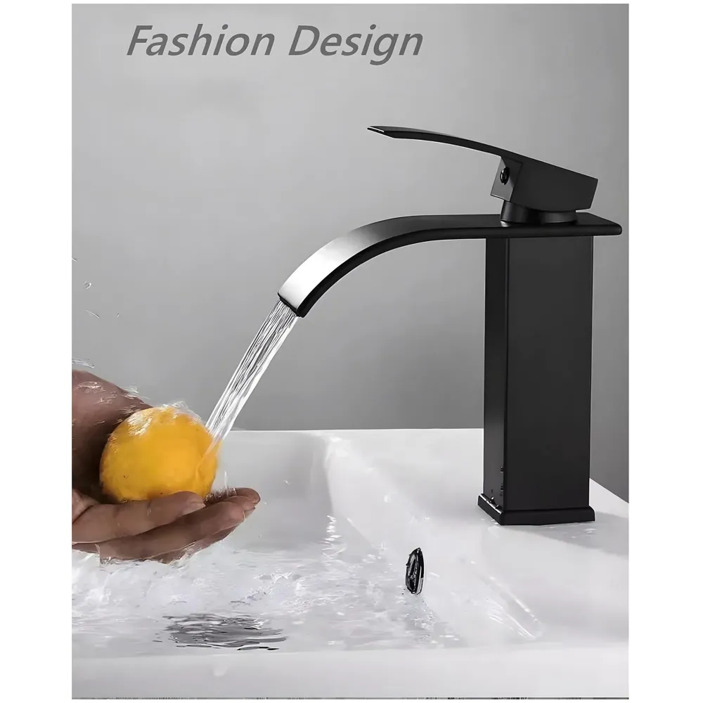Waterfall Black Basin Tap Faucet Mixer for Bathroom Toilet Wash Basins Hot and Cold Water Small Matt Black, SS Material, 7 Inches Height - 9