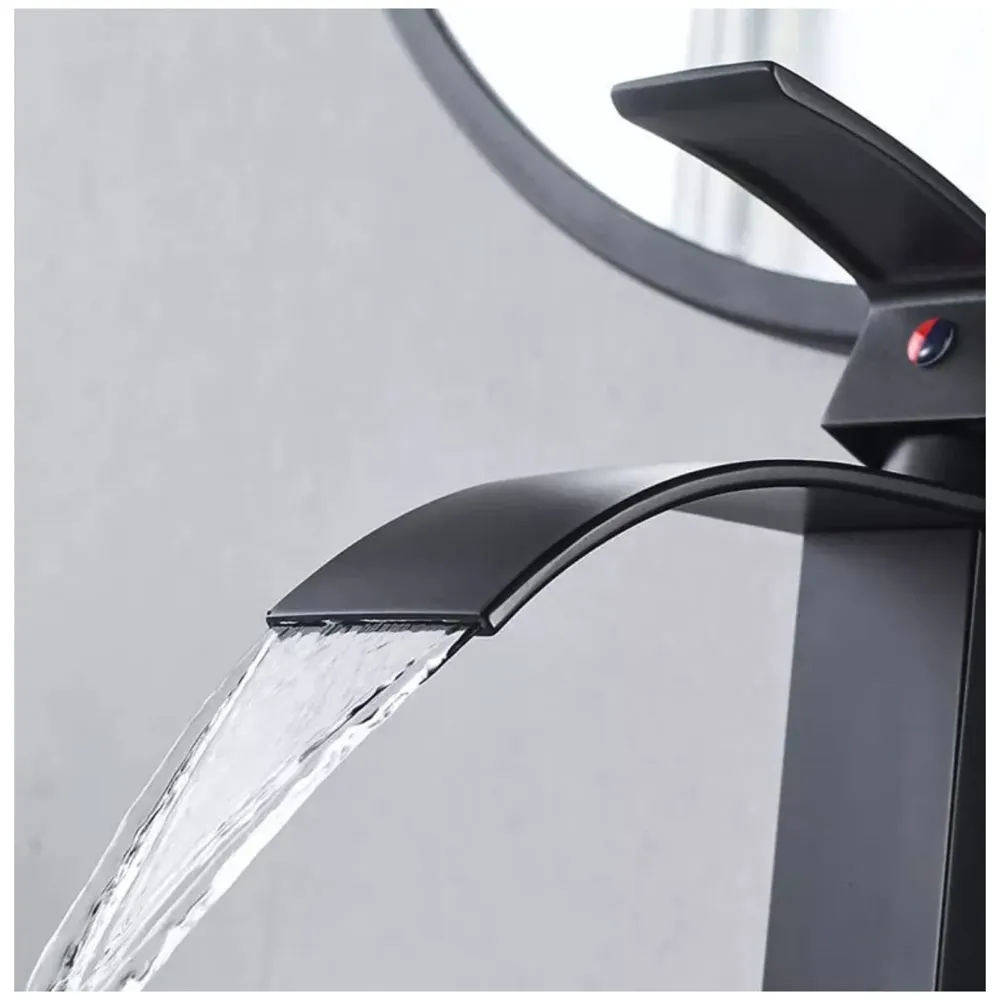 Waterfall Black Basin Tap Faucet Mixer for Bathroom Toilet Wash Basins Hot and Cold Water Small Matt Black, SS Material, 7 Inches Height